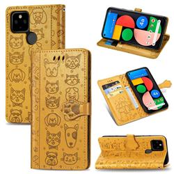 Embossing Dog Paw Kitten and Puppy Leather Wallet Case for Google Pixel 4a 5G - Yellow