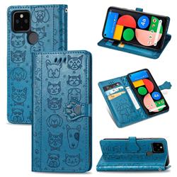 Embossing Dog Paw Kitten and Puppy Leather Wallet Case for Google Pixel 4a 5G - Blue