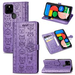 Embossing Dog Paw Kitten and Puppy Leather Wallet Case for Google Pixel 4a 5G - Purple