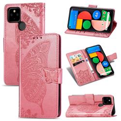 Embossing Mandala Flower Butterfly Leather Wallet Case for Google Pixel 4a 5G - Pink