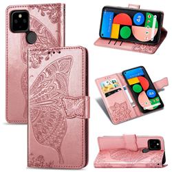 Embossing Mandala Flower Butterfly Leather Wallet Case for Google Pixel 4a 5G - Rose Gold