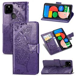 Embossing Mandala Flower Butterfly Leather Wallet Case for Google Pixel 4a 5G - Dark Purple