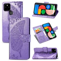 Embossing Mandala Flower Butterfly Leather Wallet Case for Google Pixel 4a 5G - Light Purple