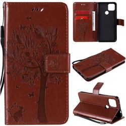 Embossing Butterfly Tree Leather Wallet Case for Google Pixel 4a 5G - Coffee