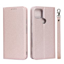 Ultra Slim Magnetic Automatic Suction Silk Lanyard Leather Flip Cover for Google Pixel 4a 5G - Rose Gold