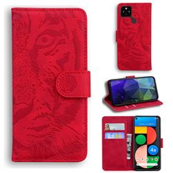Intricate Embossing Tiger Face Leather Wallet Case for Google Pixel 4a 5G - Red