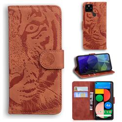 Intricate Embossing Tiger Face Leather Wallet Case for Google Pixel 4a 5G - Brown