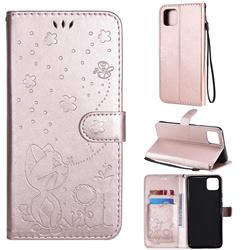Embossing Bee and Cat Leather Wallet Case for Google Pixel 4 XL - Rose Gold