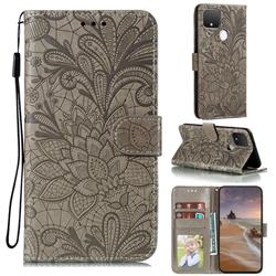 Intricate Embossing Lace Jasmine Flower Leather Wallet Case for Google Pixel 5 - Gray