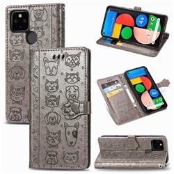 Embossing Dog Paw Kitten and Puppy Leather Wallet Case for Google Pixel 5 - Gray