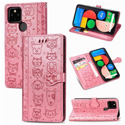 Embossing Dog Paw Kitten and Puppy Leather Wallet Case for Google Pixel 5 - Pink