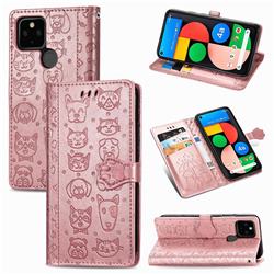Embossing Dog Paw Kitten and Puppy Leather Wallet Case for Google Pixel 5 - Rose Gold