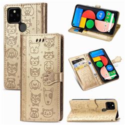 Embossing Dog Paw Kitten and Puppy Leather Wallet Case for Google Pixel 5 - Champagne Gold