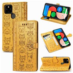 Embossing Dog Paw Kitten and Puppy Leather Wallet Case for Google Pixel 5 - Yellow