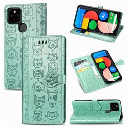 Embossing Dog Paw Kitten and Puppy Leather Wallet Case for Google Pixel 5 - Green