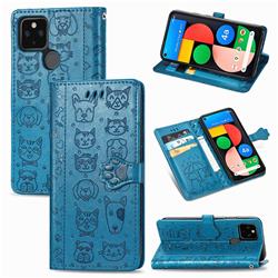 Embossing Dog Paw Kitten and Puppy Leather Wallet Case for Google Pixel 5 - Blue