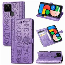 Embossing Dog Paw Kitten and Puppy Leather Wallet Case for Google Pixel 5 - Purple