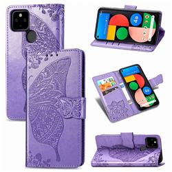 Embossing Mandala Flower Butterfly Leather Wallet Case for Google Pixel 5 - Light Purple