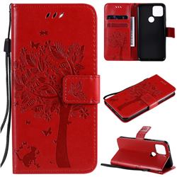 Embossing Butterfly Tree Leather Wallet Case for Google Pixel 5 - Red