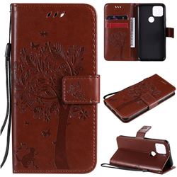 Embossing Butterfly Tree Leather Wallet Case for Google Pixel 5 - Coffee