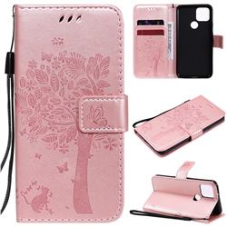 Embossing Butterfly Tree Leather Wallet Case for Google Pixel 5 - Rose Pink