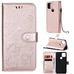Embossing Bee and Cat Leather Wallet Case for Google Pixel 5 - Rose Gold