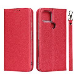 Ultra Slim Magnetic Automatic Suction Silk Lanyard Leather Flip Cover for Google Pixel 5 - Red