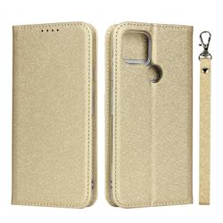 Ultra Slim Magnetic Automatic Suction Silk Lanyard Leather Flip Cover for Google Pixel 5 - Golden