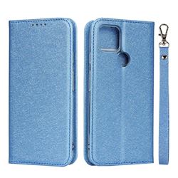 Ultra Slim Magnetic Automatic Suction Silk Lanyard Leather Flip Cover for Google Pixel 5 - Sky Blue