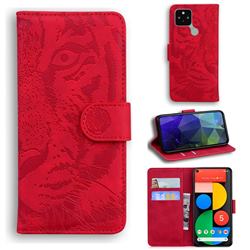 Intricate Embossing Tiger Face Leather Wallet Case for Google Pixel 5 - Red