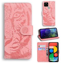 Intricate Embossing Tiger Face Leather Wallet Case for Google Pixel 5 - Pink