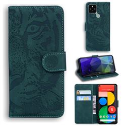 Intricate Embossing Tiger Face Leather Wallet Case for Google Pixel 5 - Green