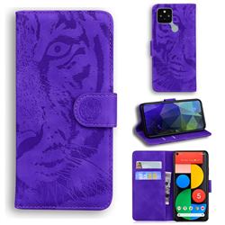 Intricate Embossing Tiger Face Leather Wallet Case for Google Pixel 5 - Purple