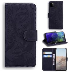Intricate Embossing Tiger Face Leather Wallet Case for Google Pixel 5A - Black