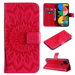Embossing Sunflower Leather Wallet Case for Google Pixel 5A - Red