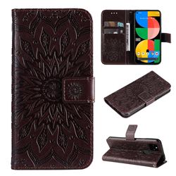 Embossing Sunflower Leather Wallet Case for Google Pixel 5A - Brown