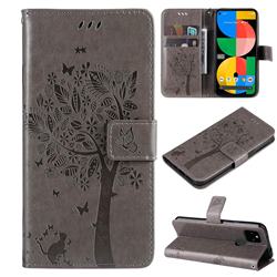 Embossing Butterfly Tree Leather Wallet Case for Google Pixel 5A - Grey