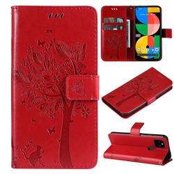 Embossing Butterfly Tree Leather Wallet Case for Google Pixel 5A - Red