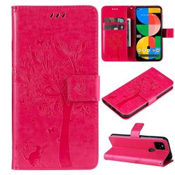 Embossing Butterfly Tree Leather Wallet Case for Google Pixel 5A - Rose