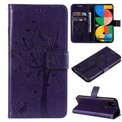 Embossing Butterfly Tree Leather Wallet Case for Google Pixel 5A - Purple