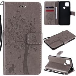 Embossing Butterfly Tree Leather Wallet Case for Google Pixel 5 XL - Grey