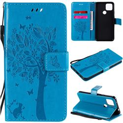 Embossing Butterfly Tree Leather Wallet Case for Google Pixel 5 XL - Blue