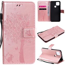 Embossing Butterfly Tree Leather Wallet Case for Google Pixel 5 XL - Rose Pink