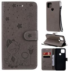 Embossing Bee and Cat Leather Wallet Case for Google Pixel 5 XL - Gray