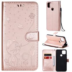 Embossing Bee and Cat Leather Wallet Case for Google Pixel 5 XL - Rose Gold