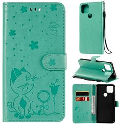 Embossing Bee and Cat Leather Wallet Case for Google Pixel 5 XL - Green