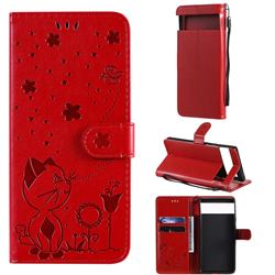 Embossing Bee and Cat Leather Wallet Case for Google Pixel 6 - Red