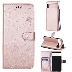 Embossing Bee and Cat Leather Wallet Case for Google Pixel 6 - Rose Gold