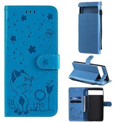 Embossing Bee and Cat Leather Wallet Case for Google Pixel 6 - Blue