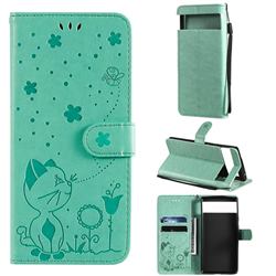 Embossing Bee and Cat Leather Wallet Case for Google Pixel 6 - Green
